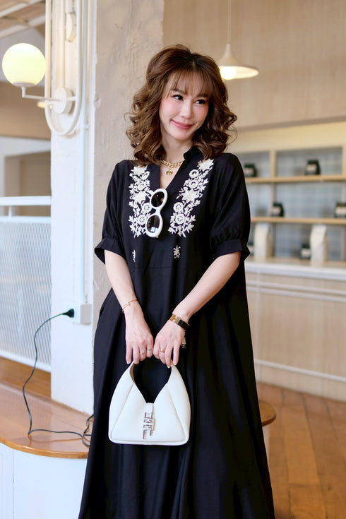 Embroidery Pattern V Neck Loose Fit Dress